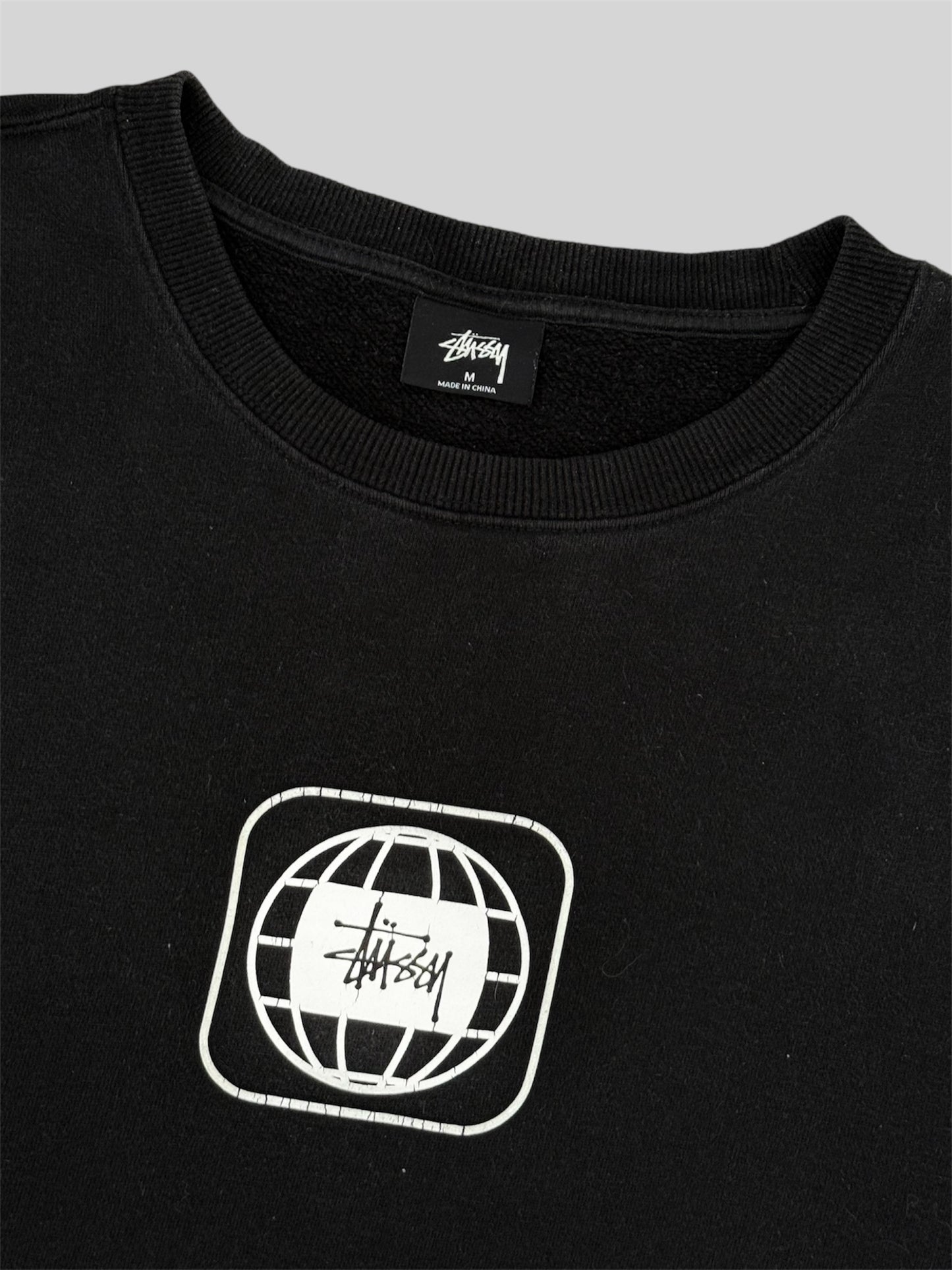 Modern Stussy Printed Spellout Globe Pullover Sweatshirt Black Medium