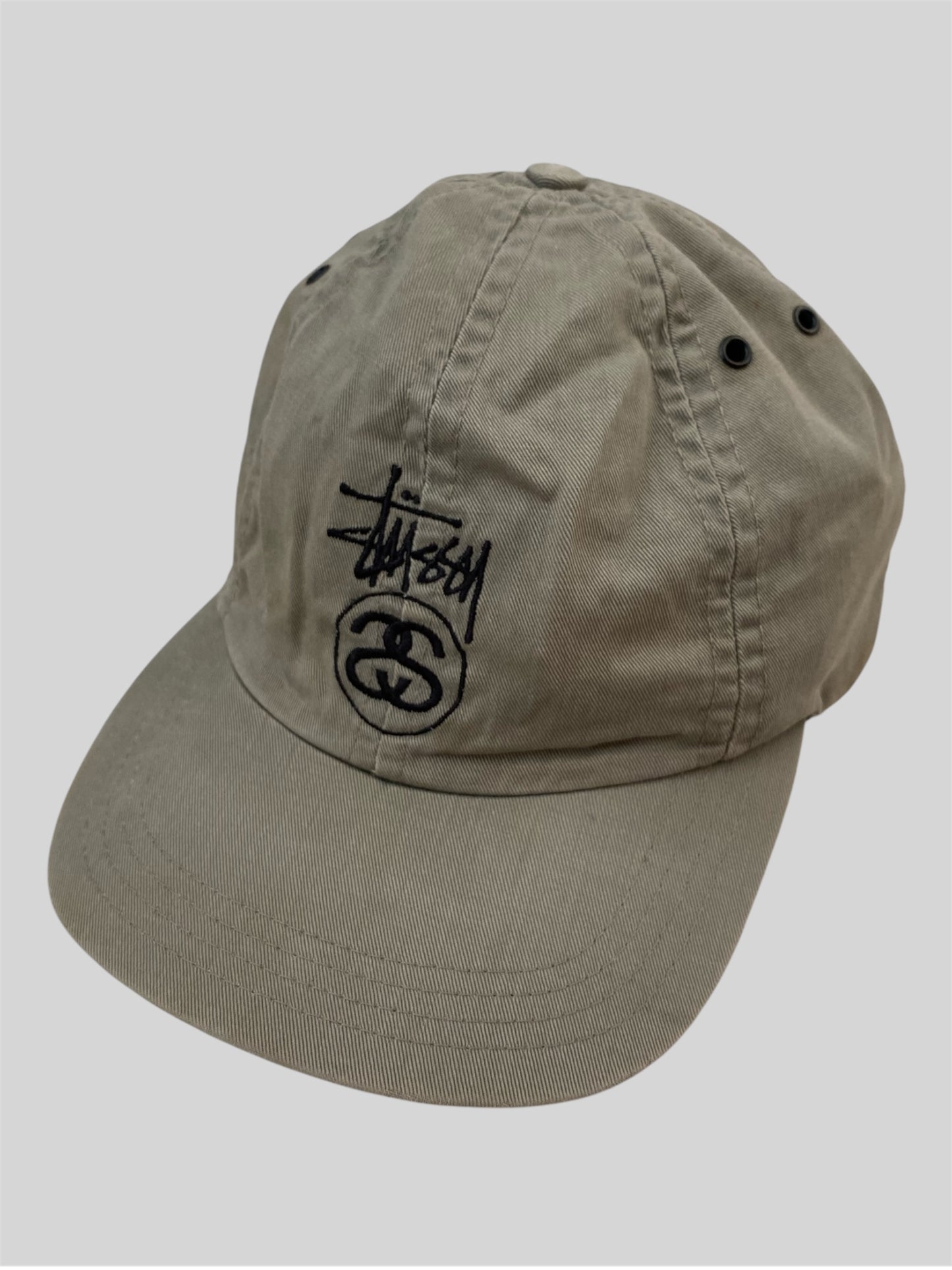 Vintage Stussy 90s Embroidered Spellout Emblem Baseball Cap Khaki One Size