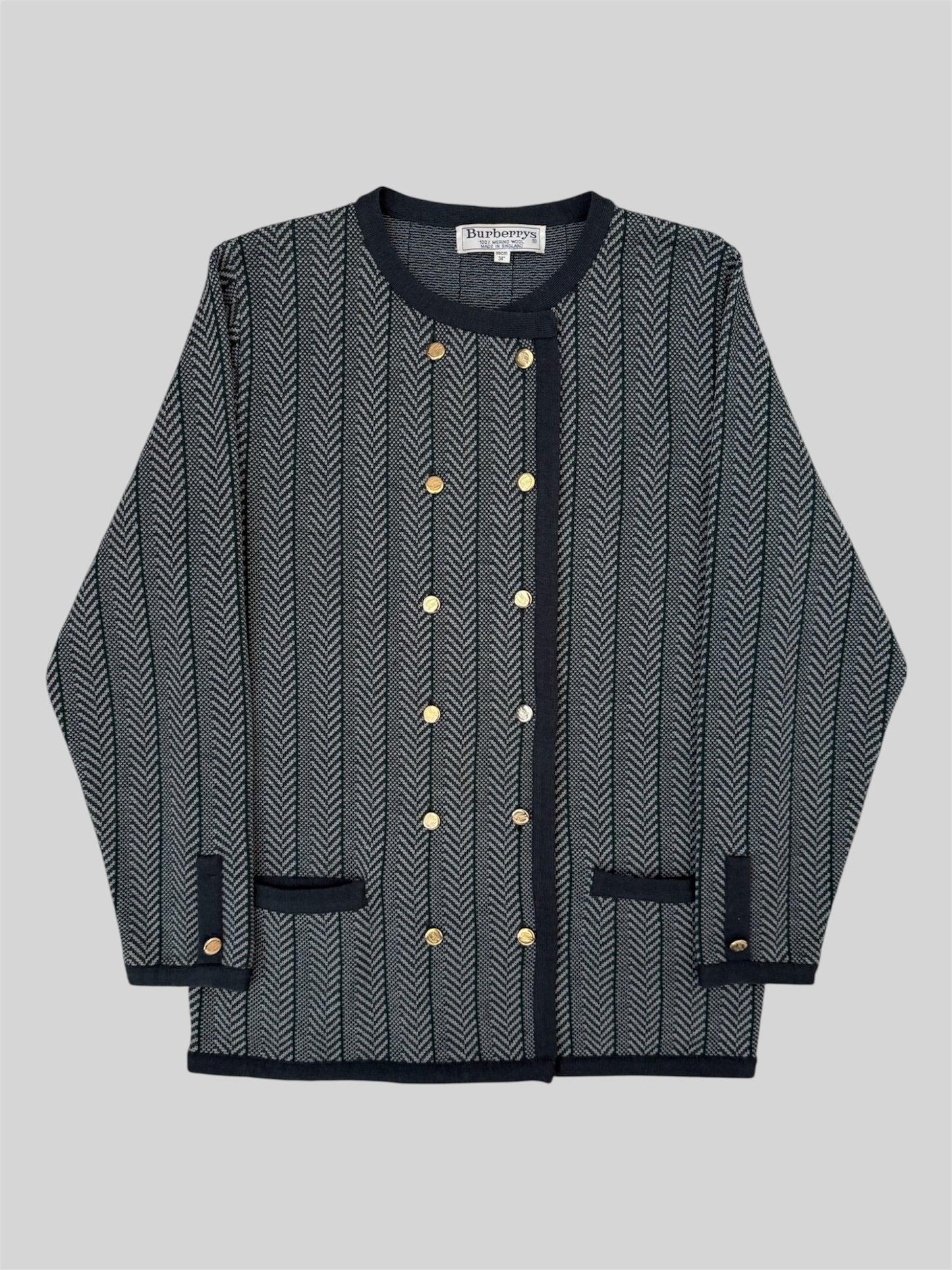 Vintage Burberry 90s Women’s Button Up Stripy Wool Cardigan Grey Medium