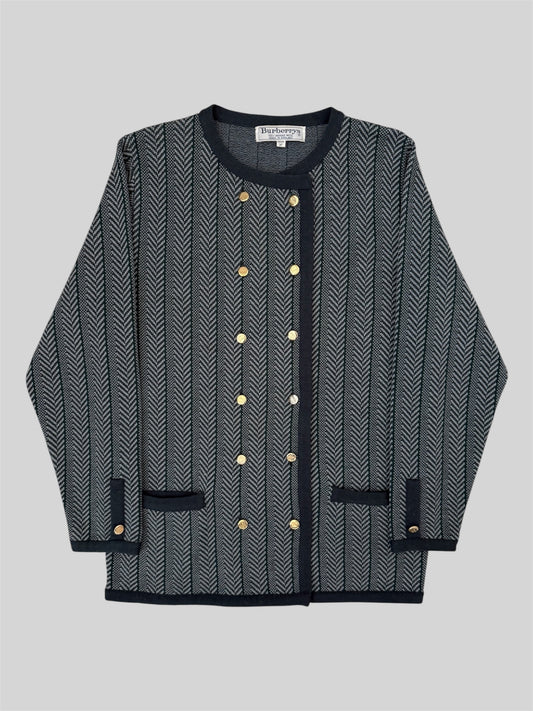 Vintage Burberry 90s Women’s Button Up Stripy Wool Cardigan Grey Medium