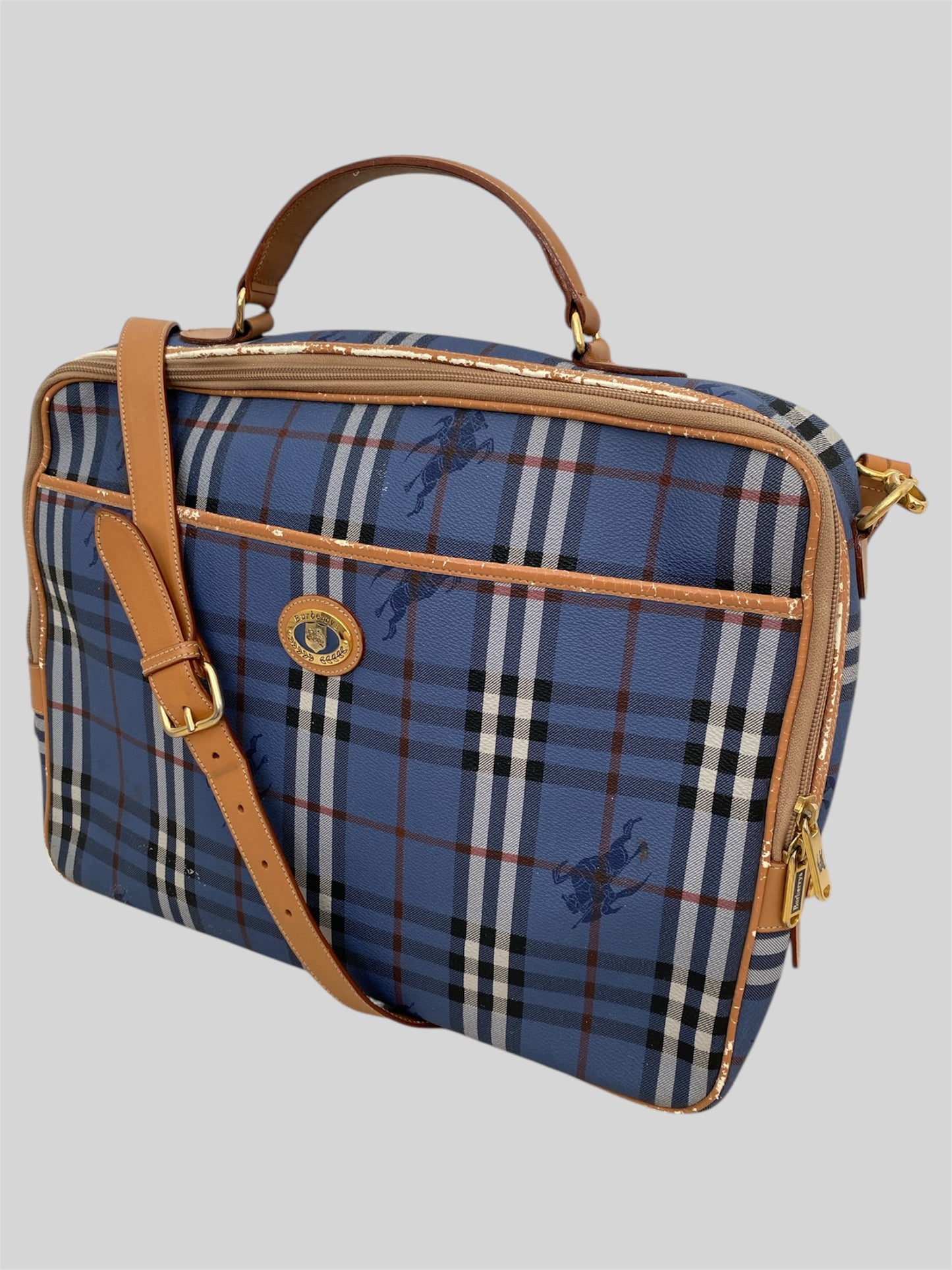 Vintage Burberry Nova Check Messenger Laptop Bag With Attachable Strap Blue