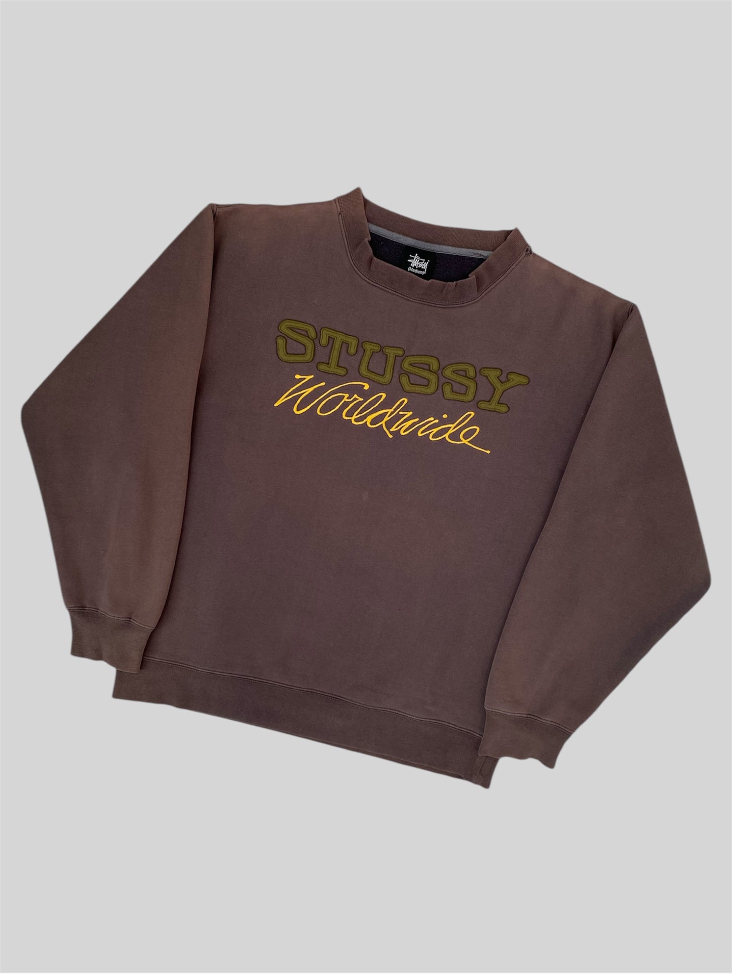 Vintage Stussy Worldwide Embroidered Pullover Sweatshirt Brown Medium