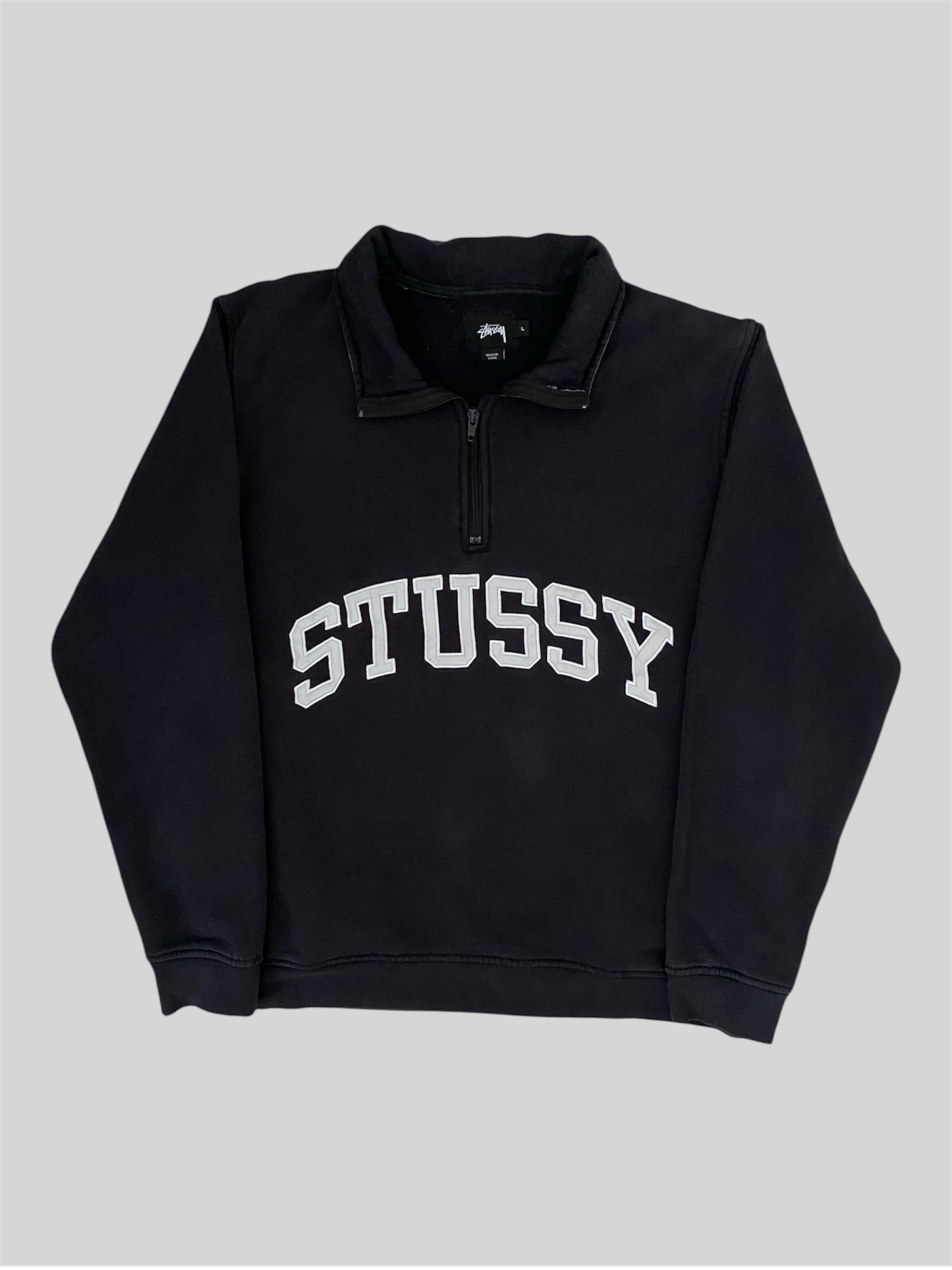 Vintage Stussy Embroidered Quarter Zip Pullover Swetshirt Black Large