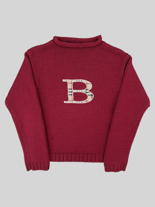 Vintage Burberry Kids Nova Check Emblem Knitted Jumper Red Age 8