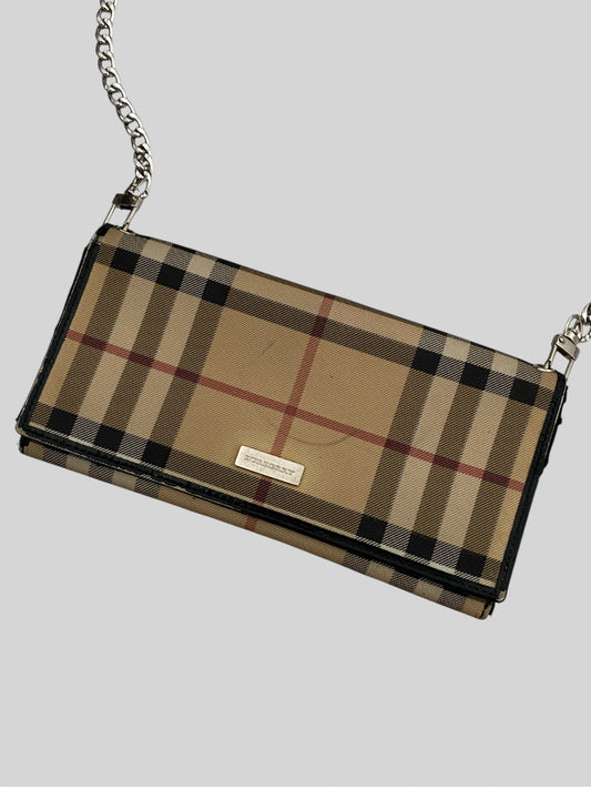 Vintage Burberry Small Check Chain Strap Clutch Crossbody Bag Beige