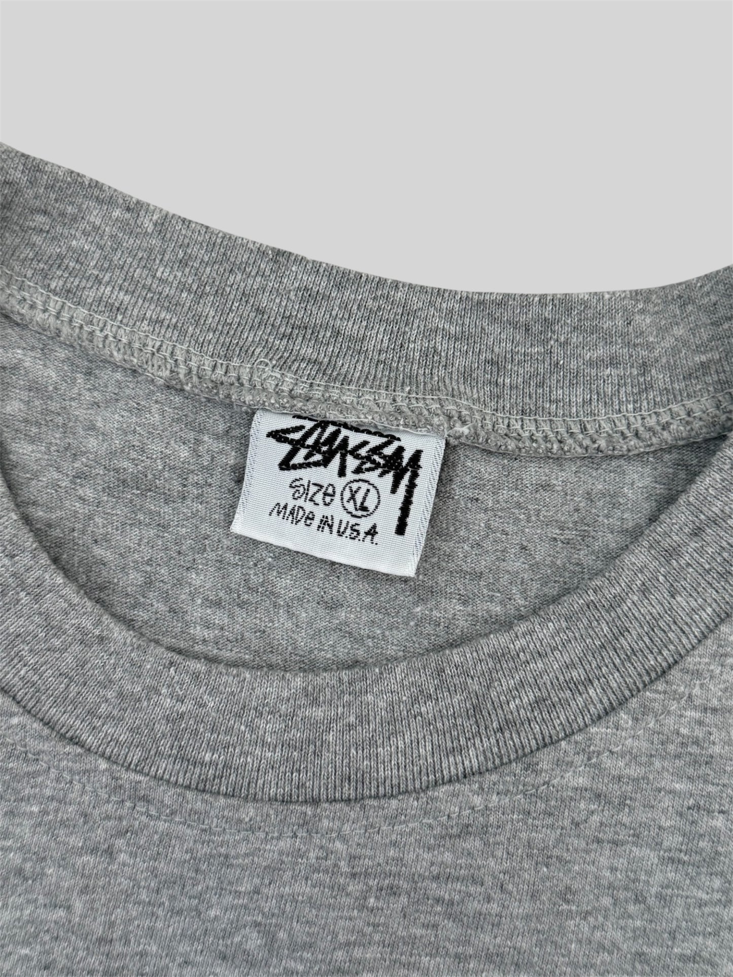Rare Vintage 1980s Stussy Spellout Saxophone Graphic Print T Shirt Light Grey S