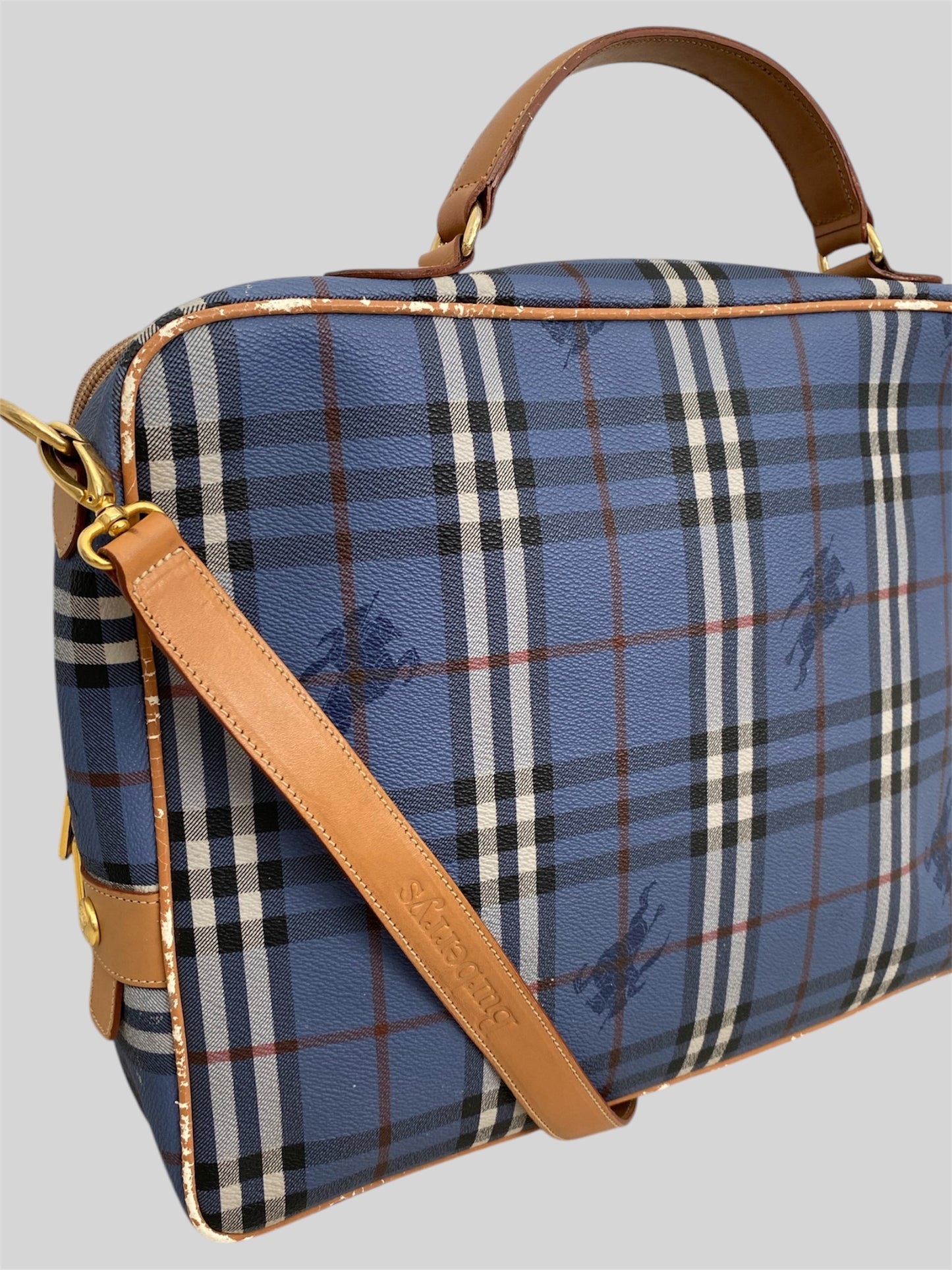 Vintage Burberry Nova Check Messenger Laptop Bag With Attachable Strap Blue