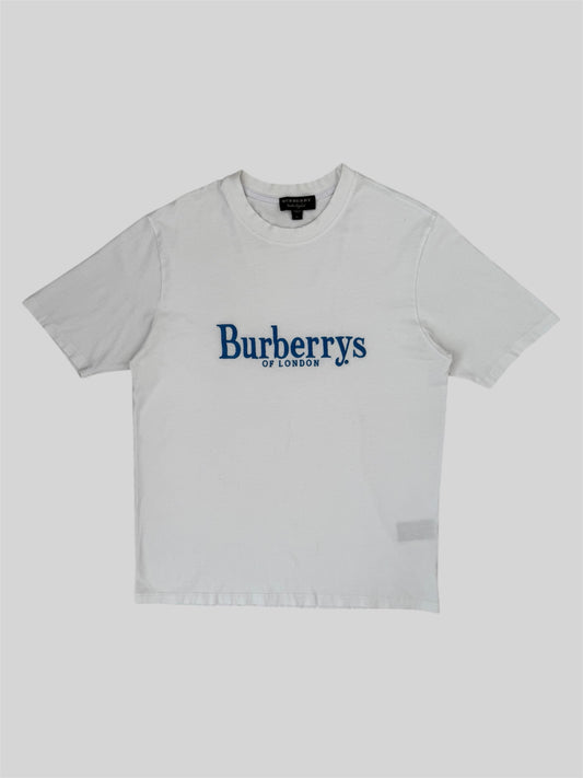 Authentic Vintage Burberry Embroidered Spellout T Shirt White Medium Made In Italy