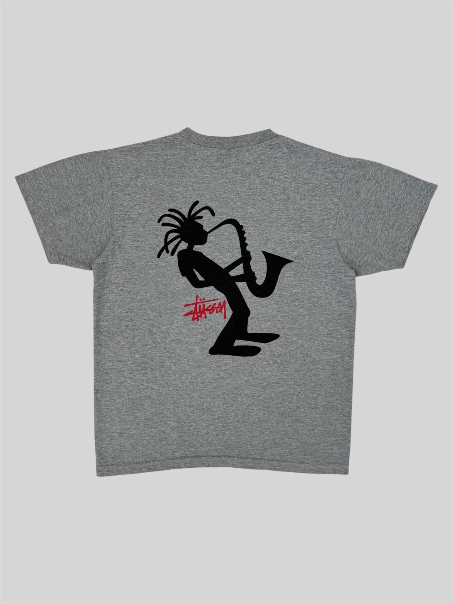 Rare Vintage 1980s Stussy Spellout Saxophone Graphic Print T Shirt Light Grey S