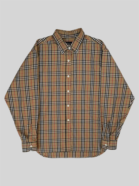 Vintage Burberry 90s Nova Check Button Up Long Sleeve Shirt Beige Size 16 Large