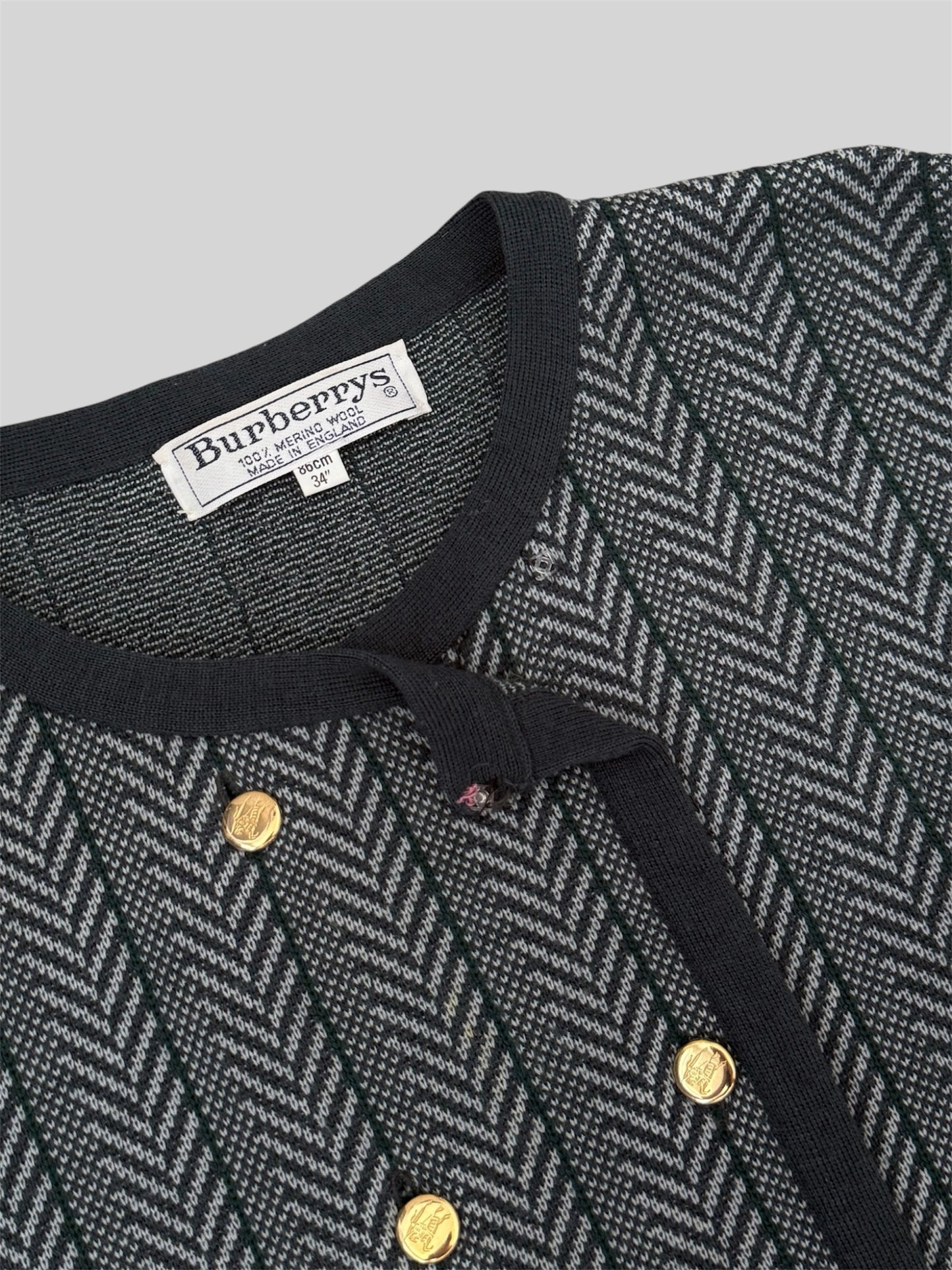 Vintage Burberry 90s Women’s Button Up Stripy Wool Cardigan Grey Medium
