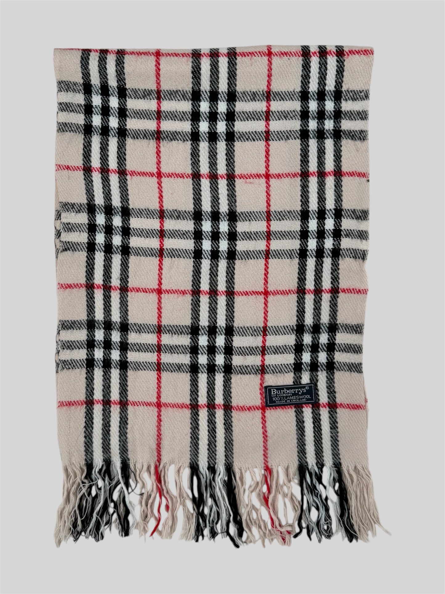 Vintage Burberry 90s Nova Check Scarf 100% Lambswool Light Beige Made In England