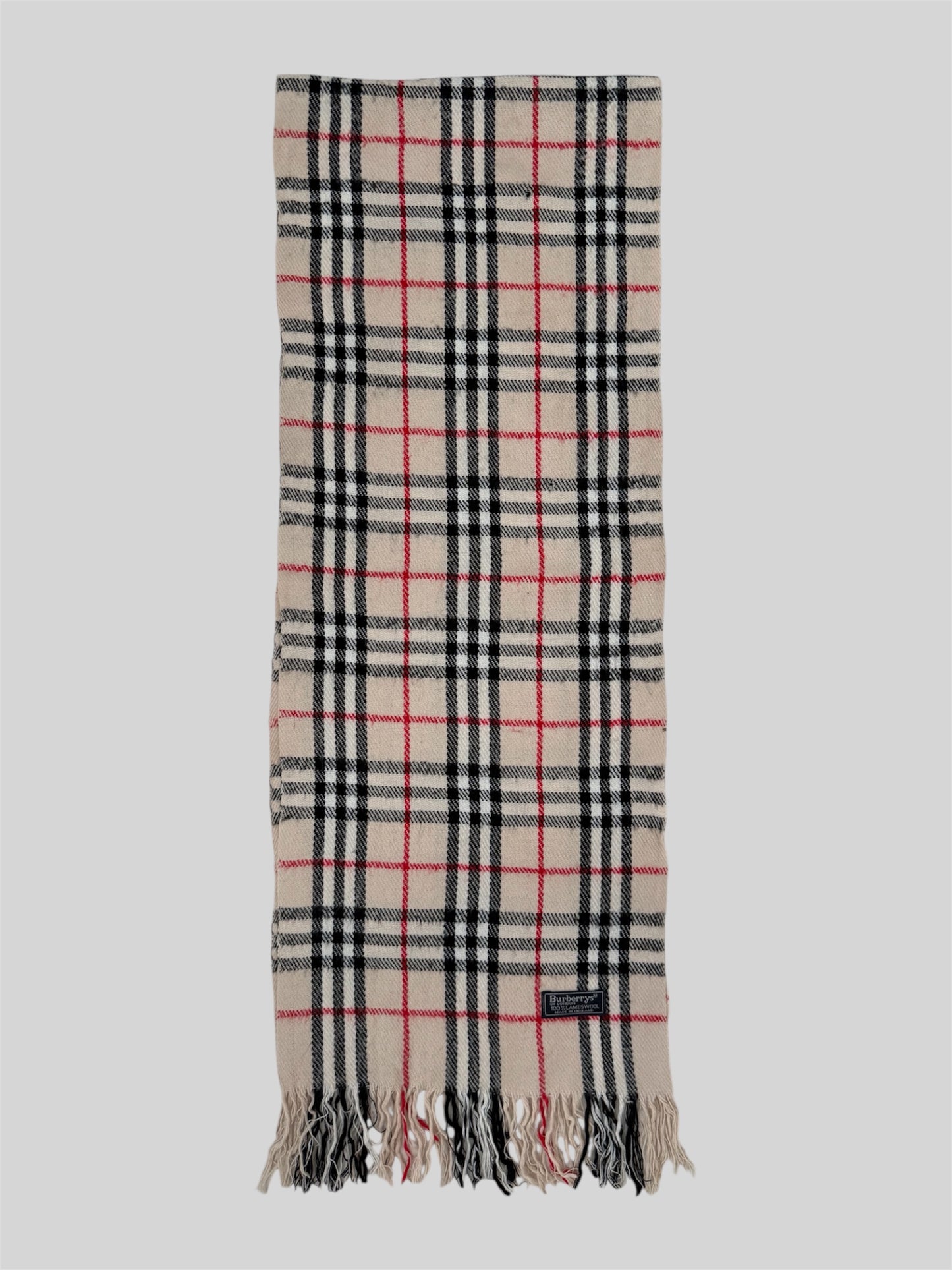 Vintage Burberry 90s Nova Check Scarf 100% Lambswool Light Beige Made In England