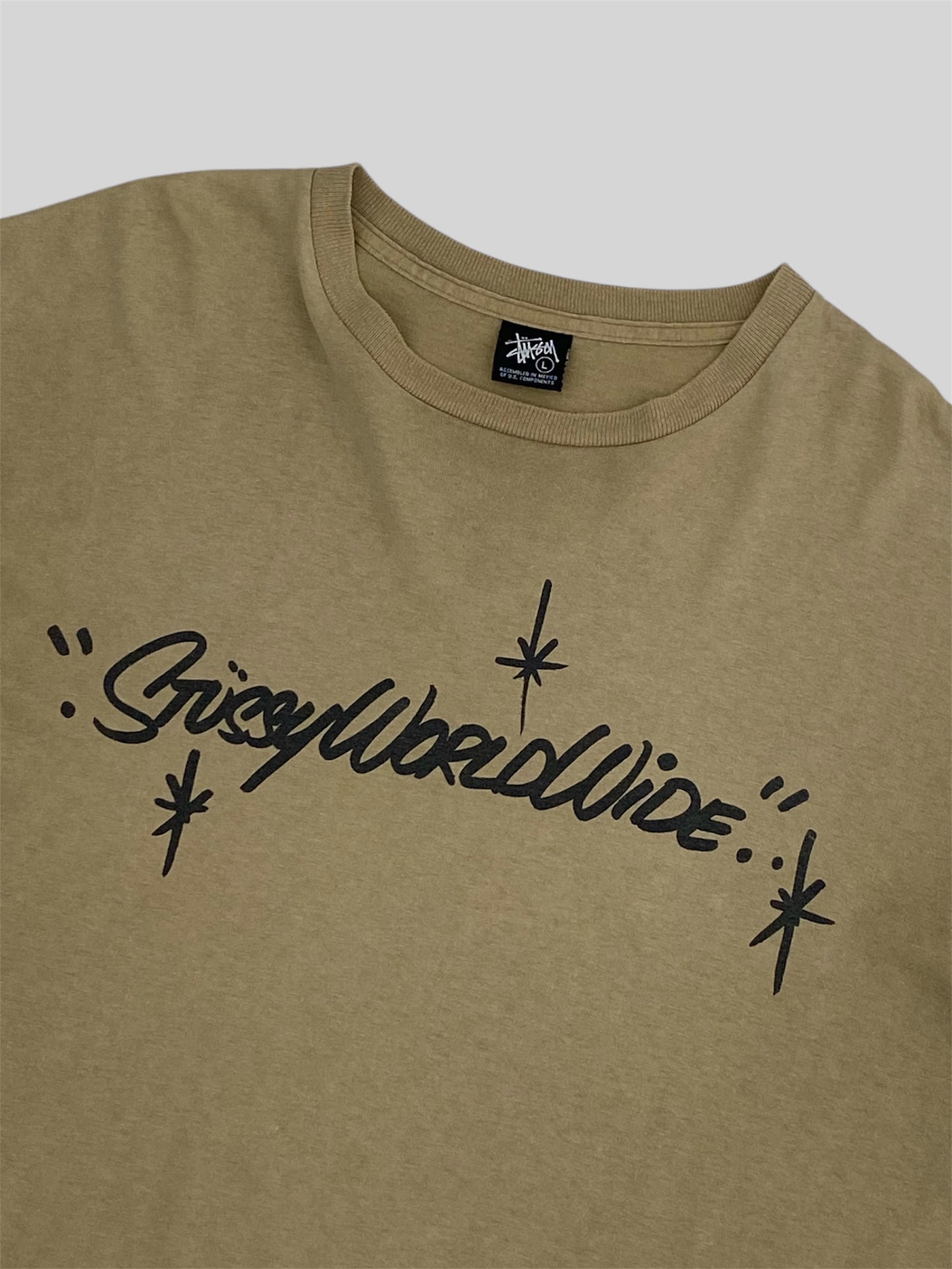 Vintage Stussy Worldwide Spellout T Shirt Beige Large