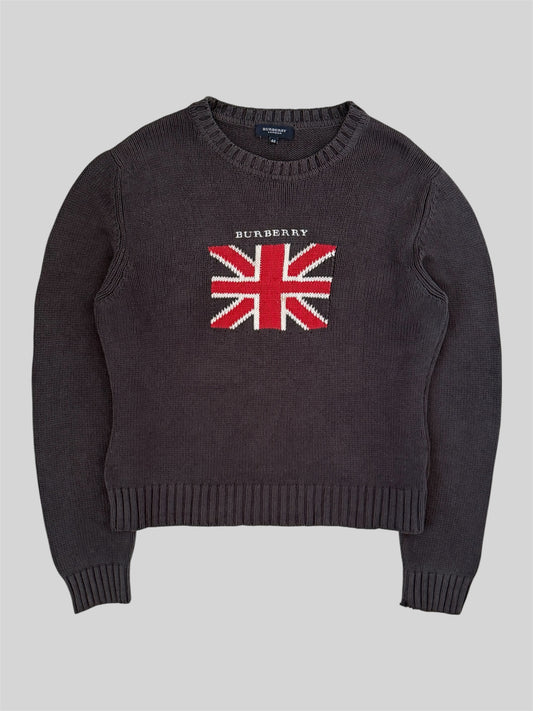 Vintage 90s Burberry Embroidered UK Flag Knitted Jumper Faded Navy Small