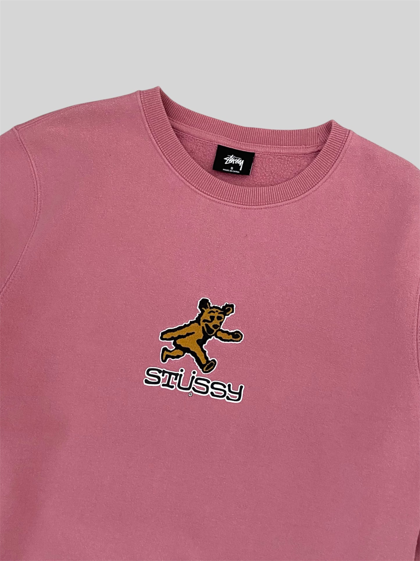 Vintage Stussy Embroidered Bear Spellout Pullover Sweatshirt Pink Small