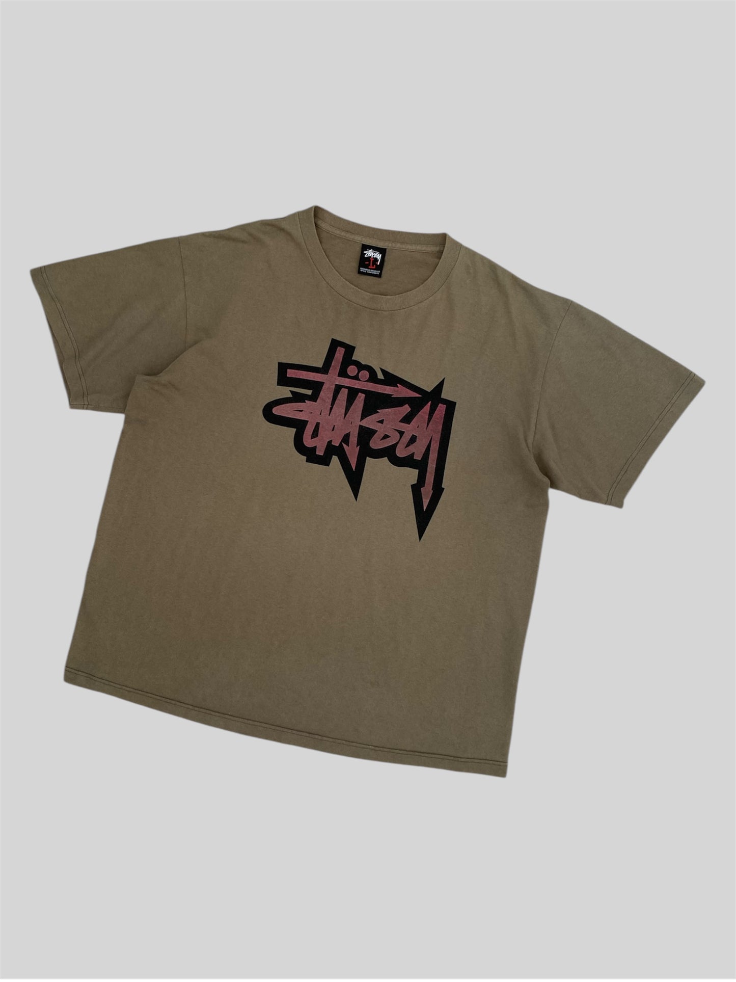 Vintage Stussy Printed Spellout T Shirt Khaki Large