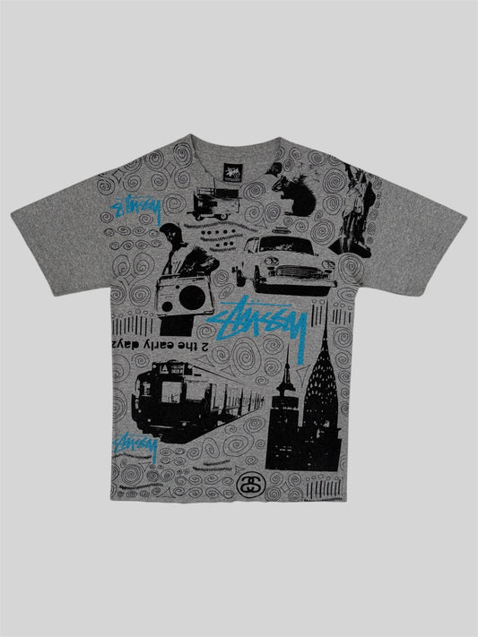 Vintage Stussy 2000s New York Street Graphic Print T Shirt Light Grey Small