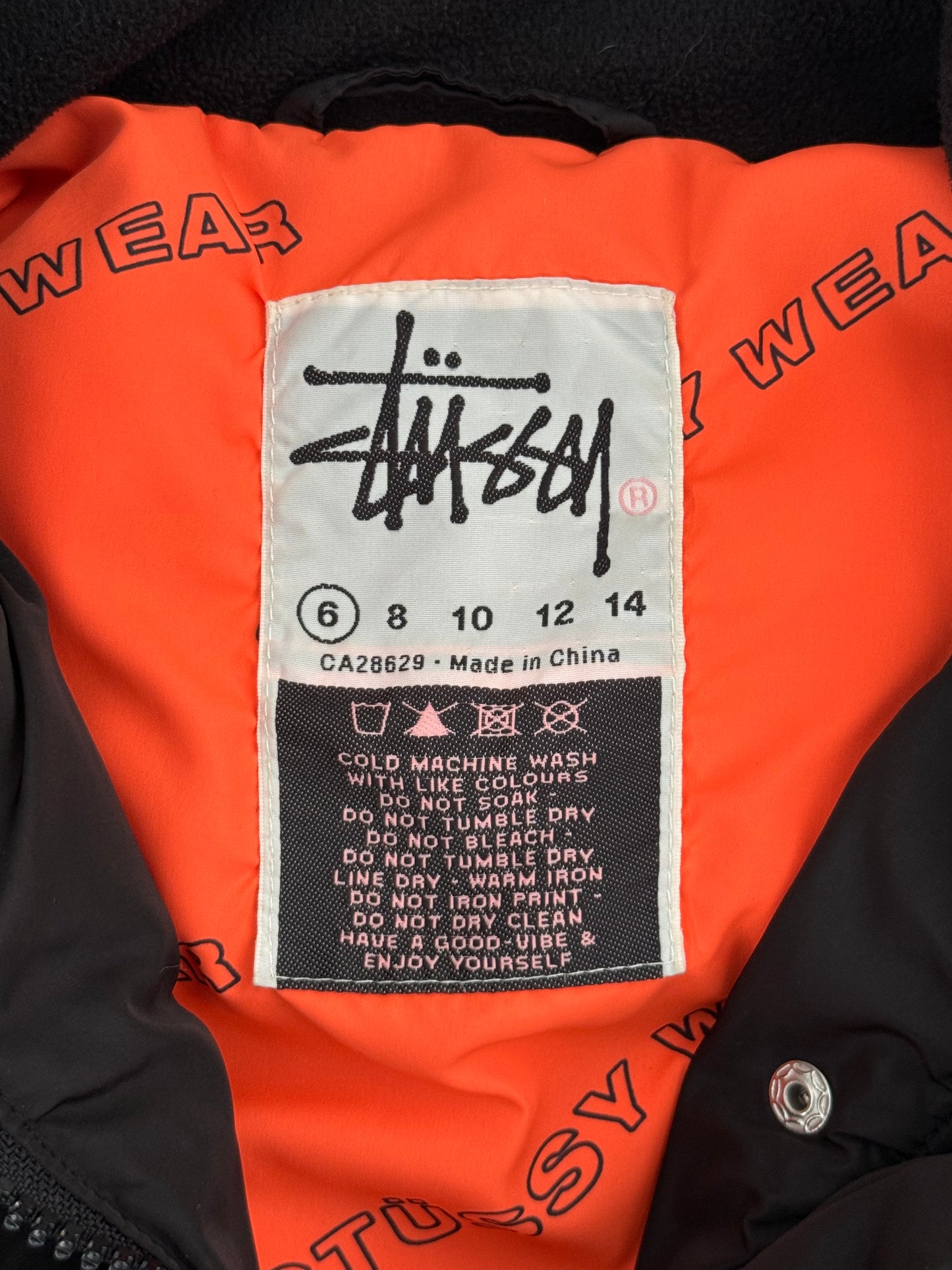 Vintage Stussy 2000s Embroidered Spellout Adjustable Puffer Jacket Black Medium