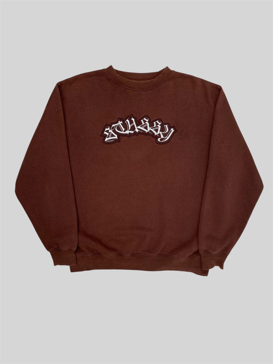 Vintage Stussy Embroidered Spellout Pullover Sweatshirt Brown Small