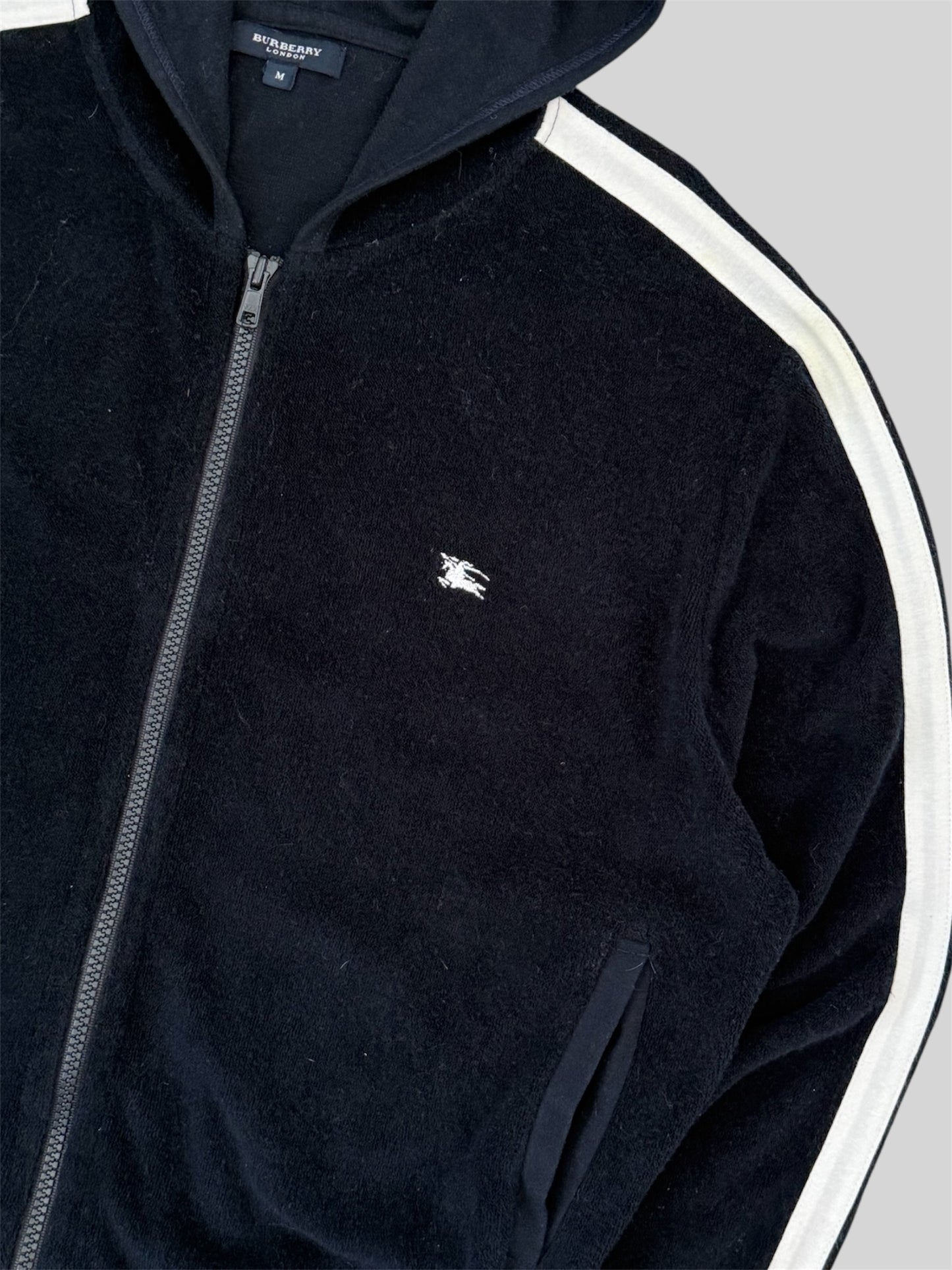 Vintage Burberry Women’s Embroidered Full Zip Thin Fleece Hoodie Navy Medium