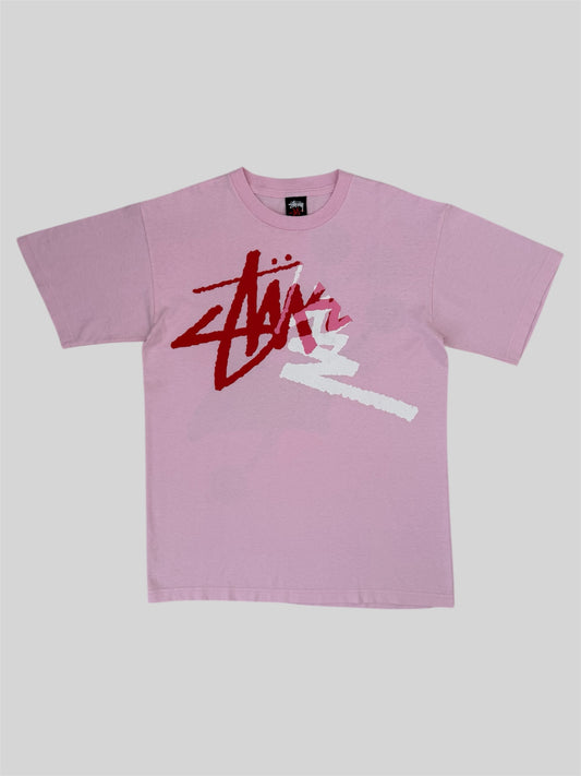 Vintage Stussy Spellout Folded Graphic Print T Shirt Pink Medium
