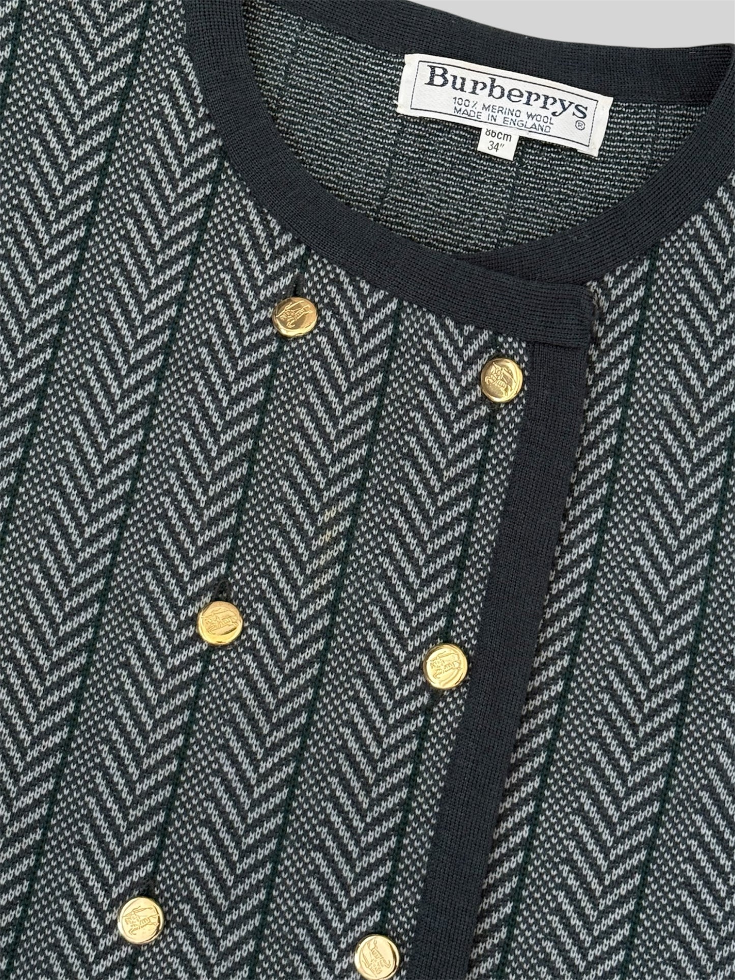 Vintage Burberry 90s Women’s Button Up Stripy Wool Cardigan Grey Medium