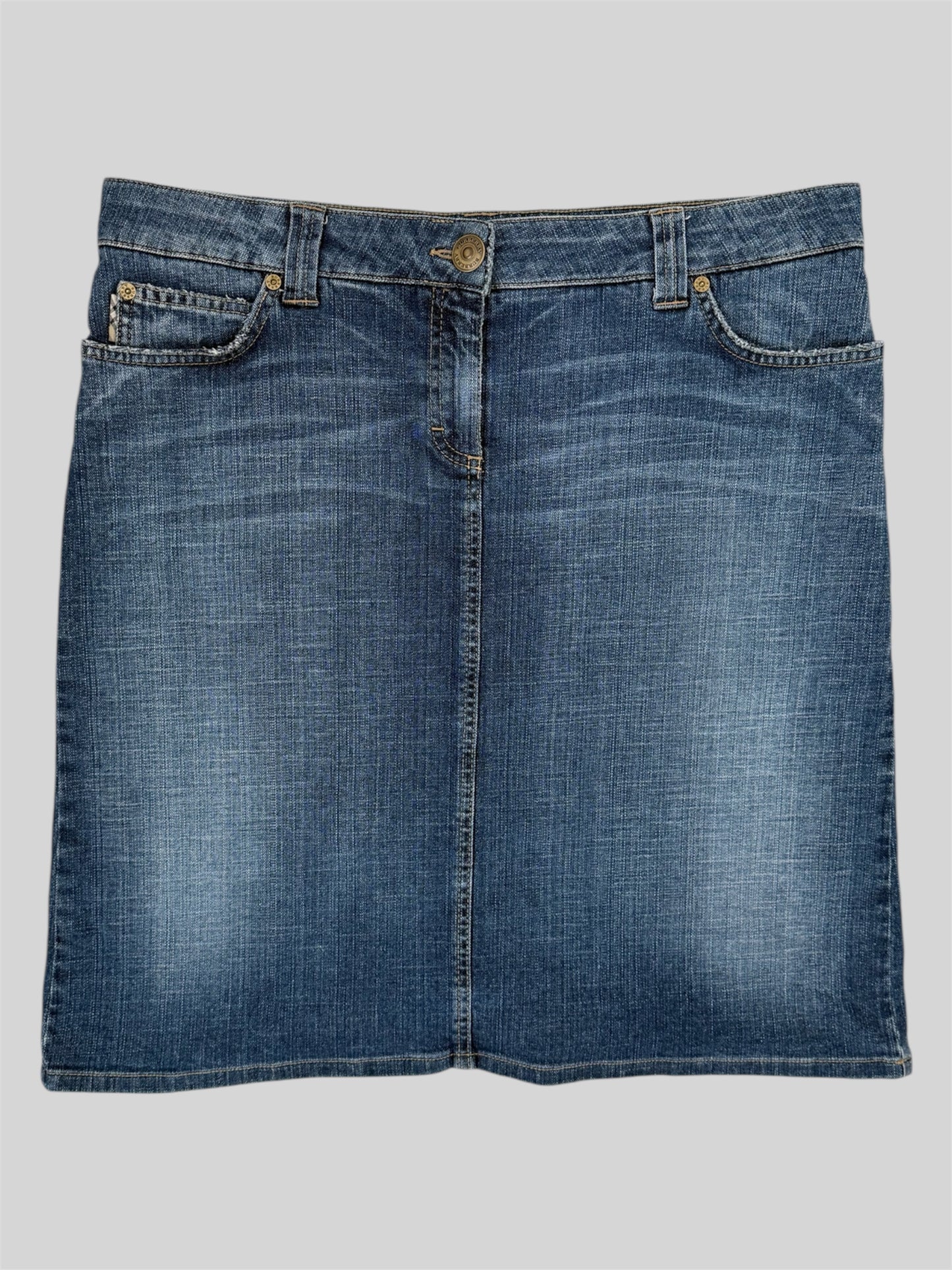 Rare Burberry 00s Embroidered Emblem Knee Length Denim Skirt Blue Size 14 Large