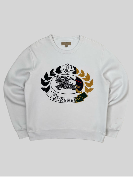 Vintage Burberry Embroidered Emblem Pullover Sweatshirt White Medium