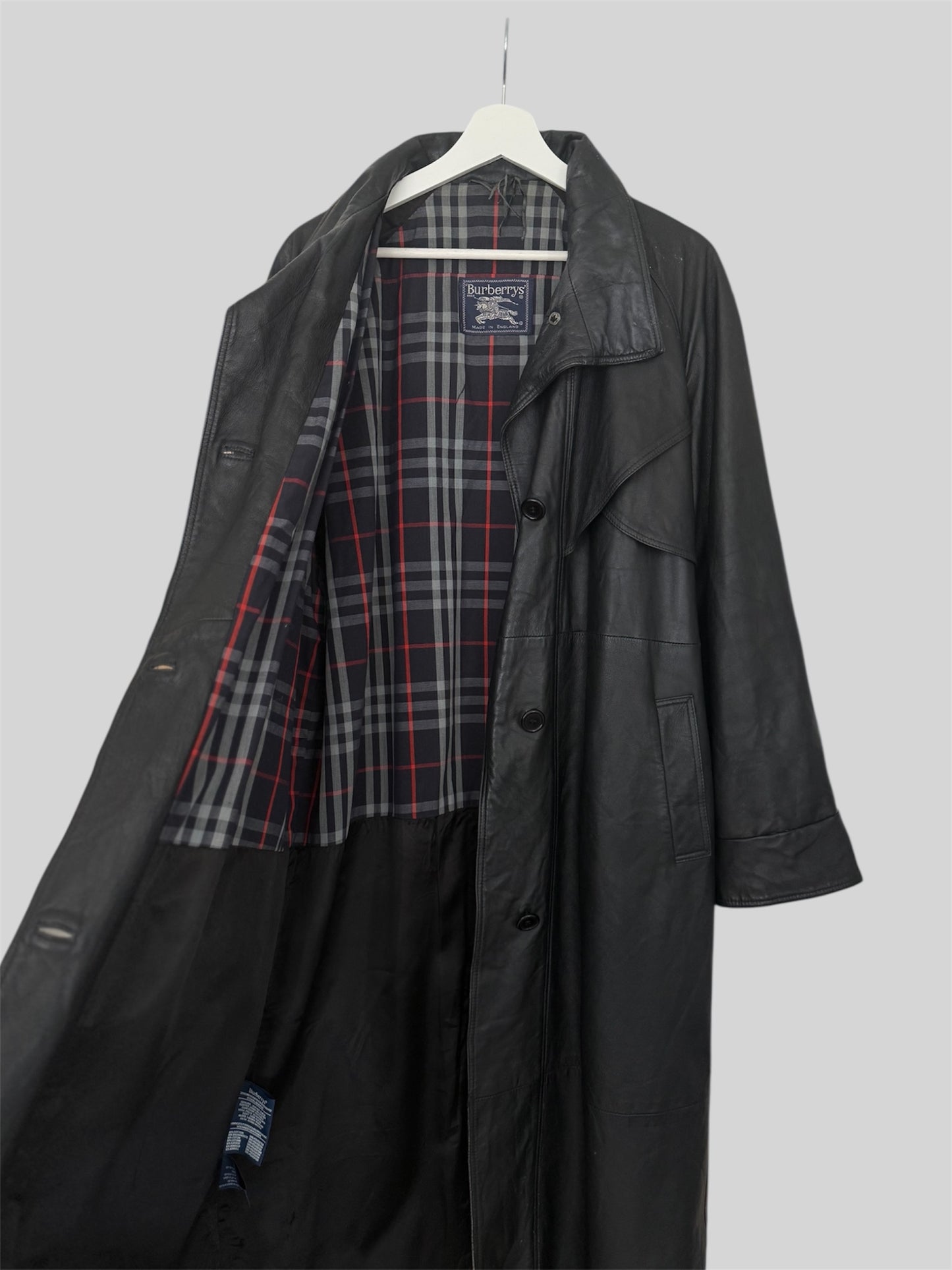 Rare 1990s Burberry Men’s Regular Fit Leather Trench Coat Black Size Medium