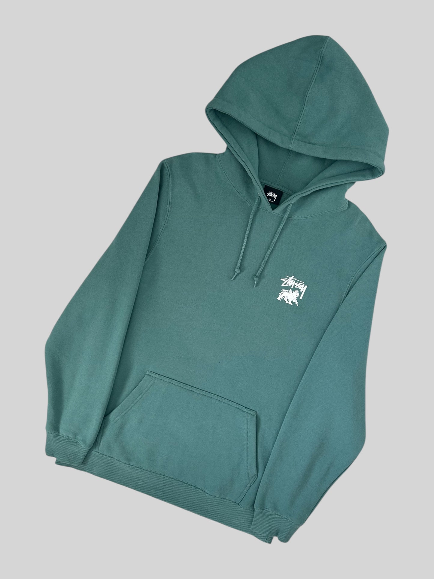 Vintage Stussy Spellout Back Print Pullover Hoodie Green Medium