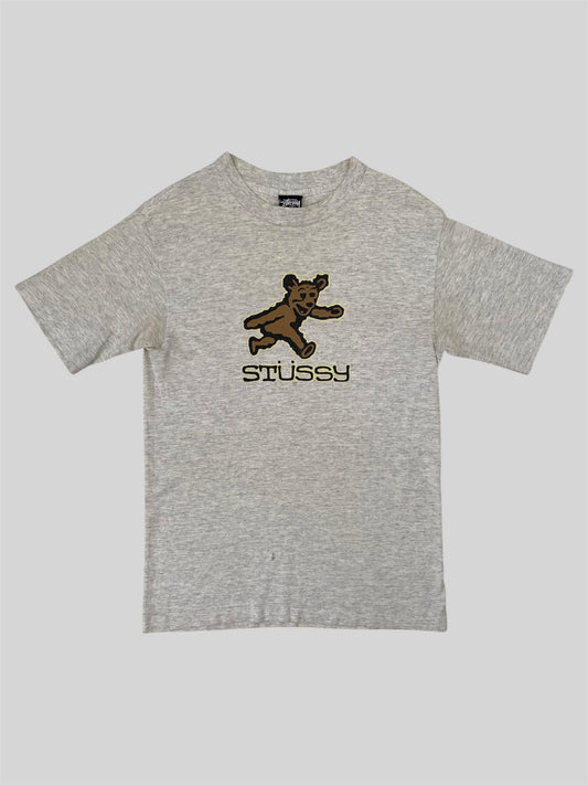 Vintage 80s Stussy Printed Spellout Bear T Shirt Light Grey Small