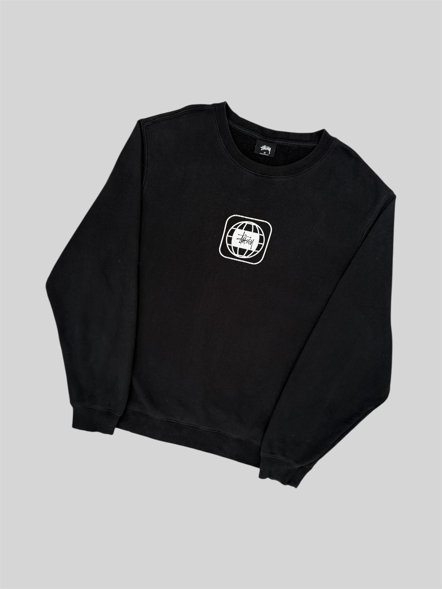 Modern Stussy Printed Spellout Globe Pullover Sweatshirt Black Medium