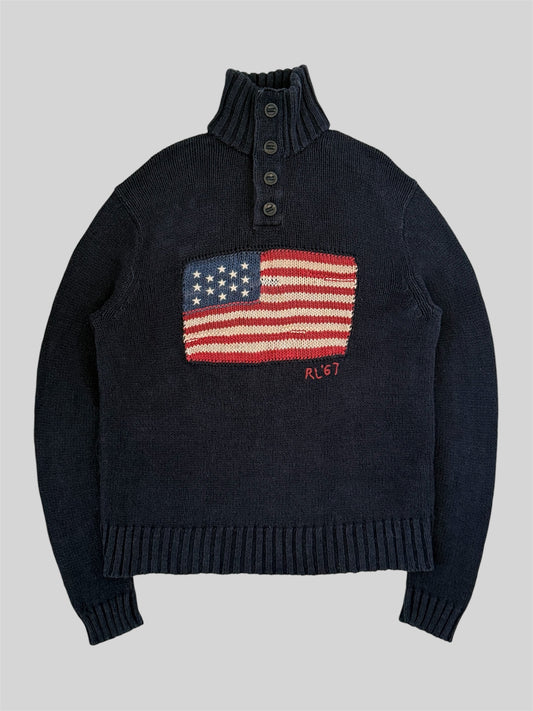 Vintage Polo Ralph Lauren USA RL 67 Button Up Knitted Jumper Navy Medium
