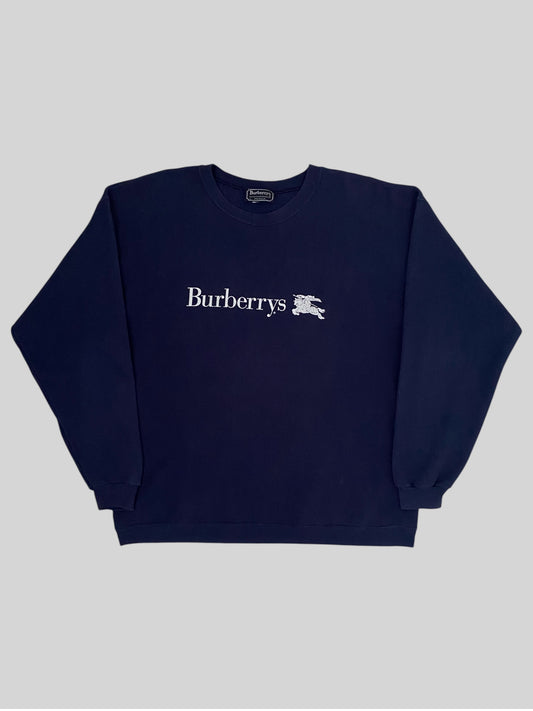 Vintage Burberry Felt Spellout Pullover Sweatshirt Navy Large