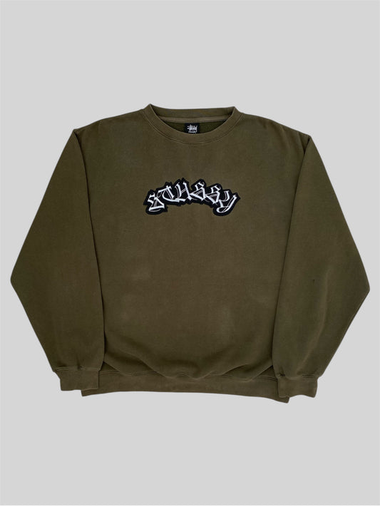 Vintage 2000s Stussy Embroidered Spellout Pullover Sweatshirt Dark Green X-Large