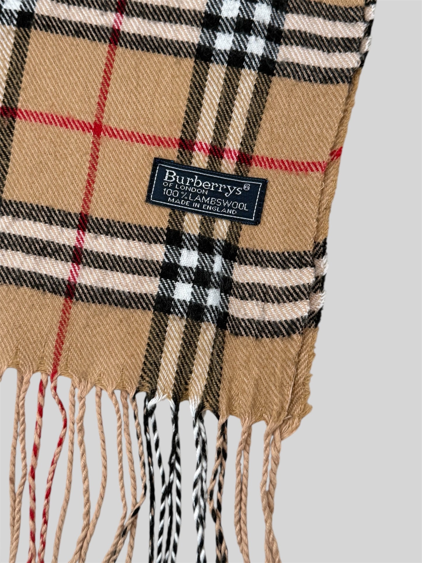 Vintage Burberry 90s Nova Check Scarf 100% Lambswool Beige Made In England