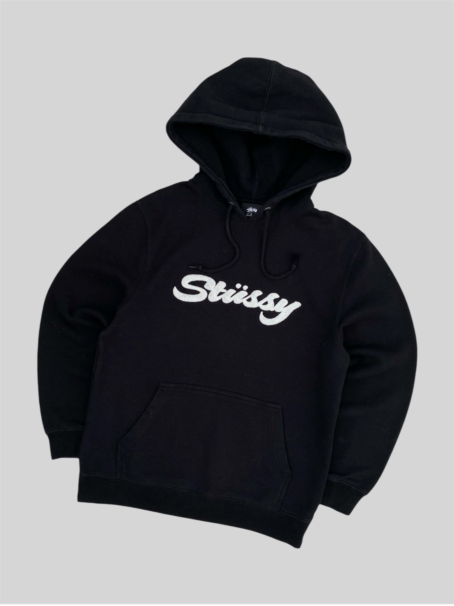 Vintage Stussy Embroidered Spellout Pullover Hoodie Black Small