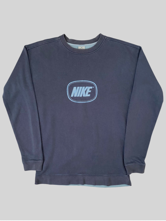 Vintage Nike Embroidered Central Spellout Pullover Sweatshirt Blue X-Large