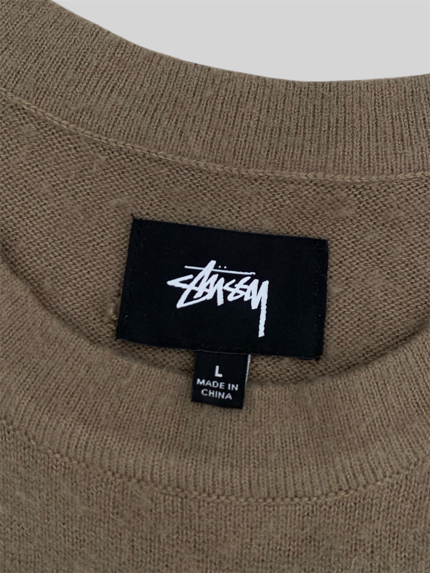 Vintage Stussy Spellout Pullover Knitted Sweatshirt Khaki Large