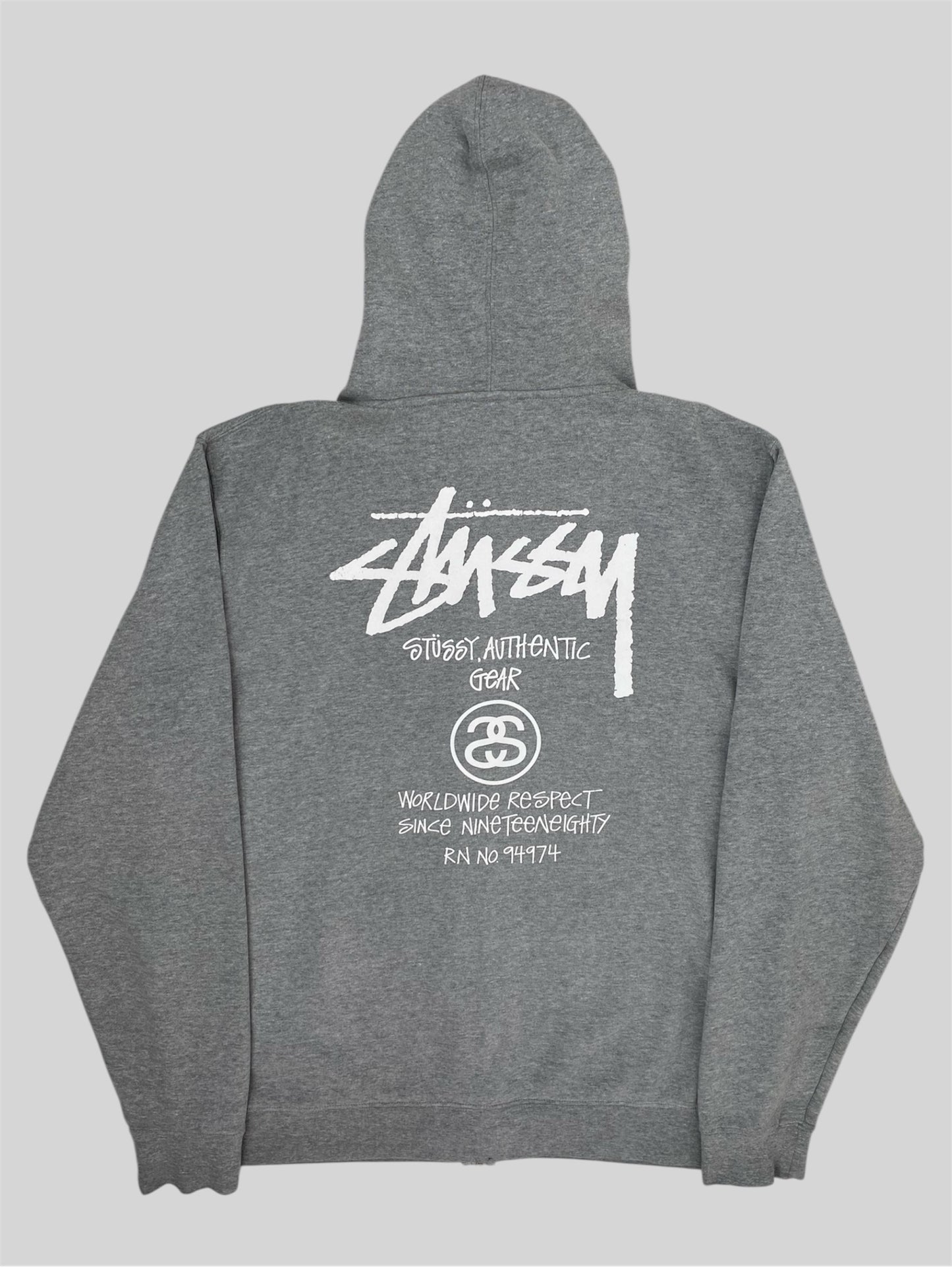 Vintage Stussy Spellout Full Zip Hoodie Light Grey X-Large