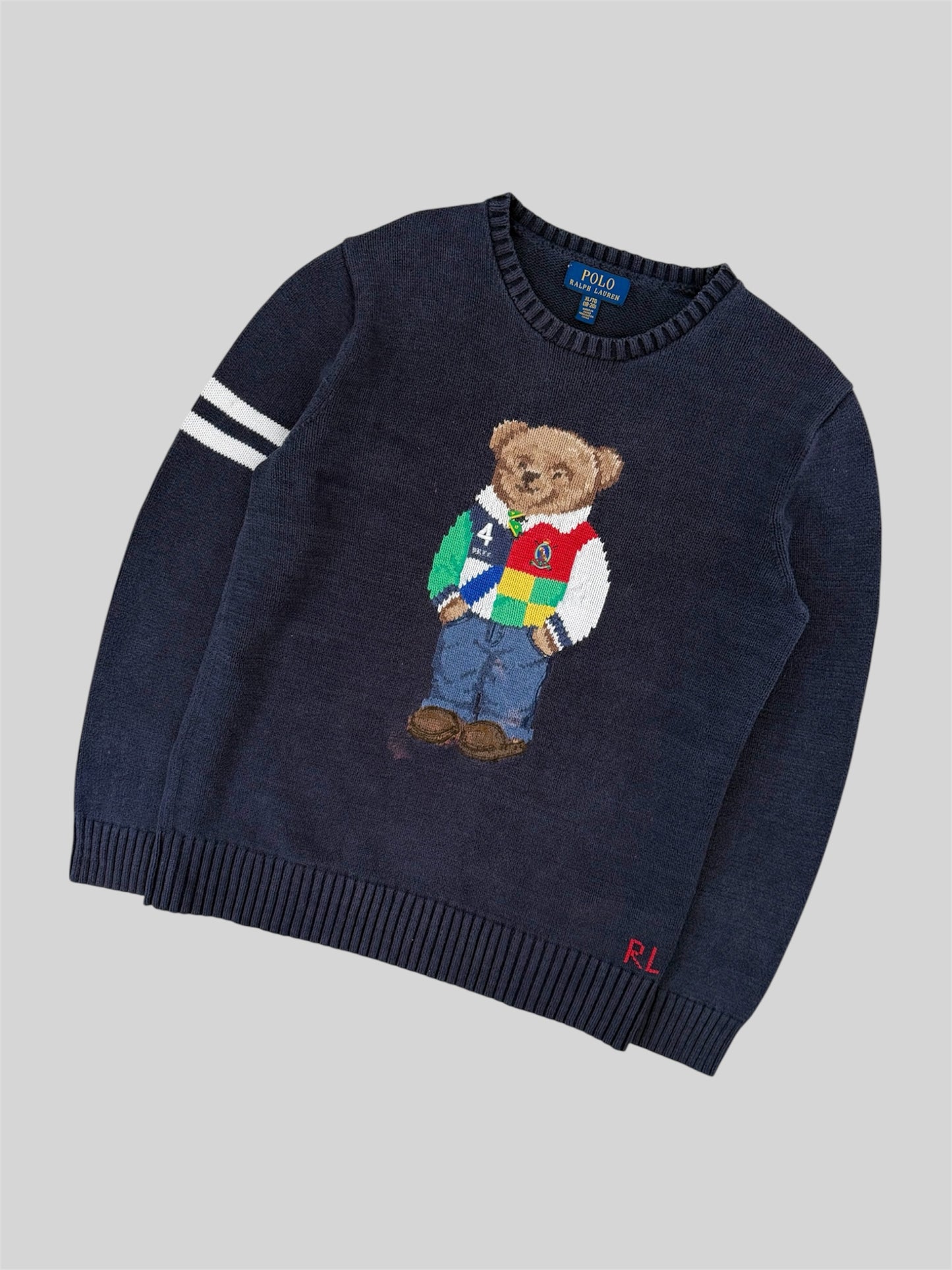 Authentic Polo Ralph Lauren Bear Knitted Pullover Jumper Navy Kids XL (18-20)