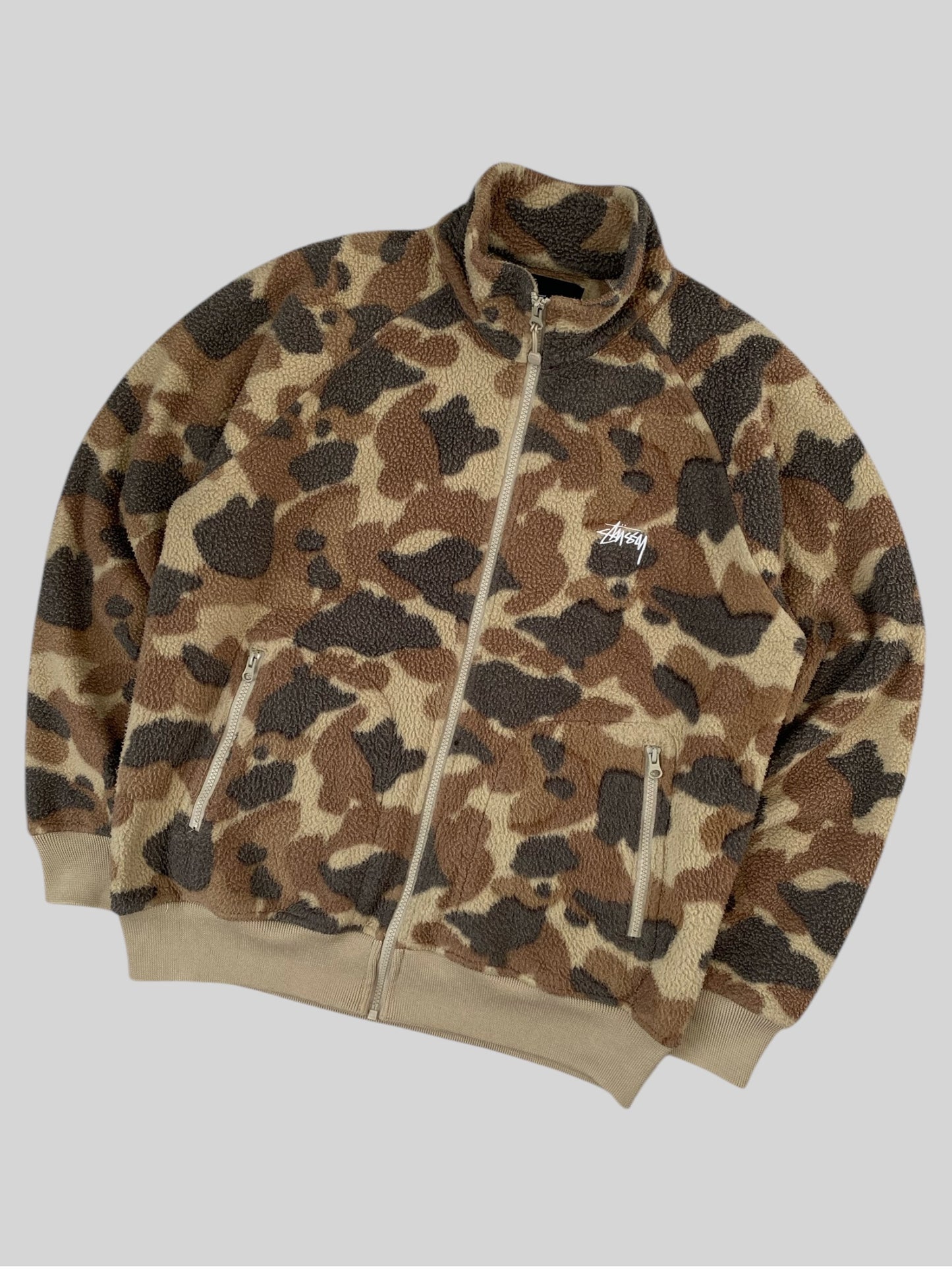 Vintage Stussy Embroidered Camouflage Zip Up Fleece Beige Medium