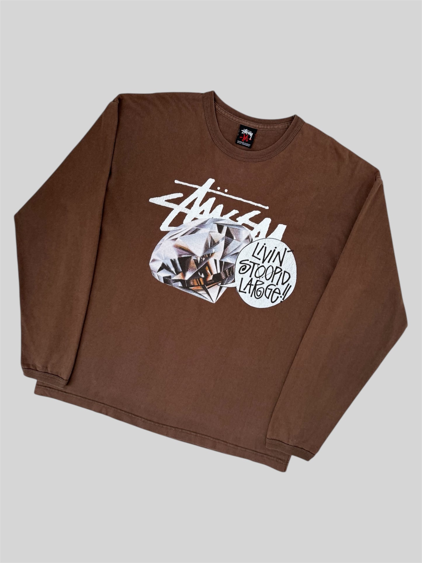 Vintage Stussy 2000s Diamond ‘Livin Stoopid Large’ Long Sleeve T Shirt Brown M