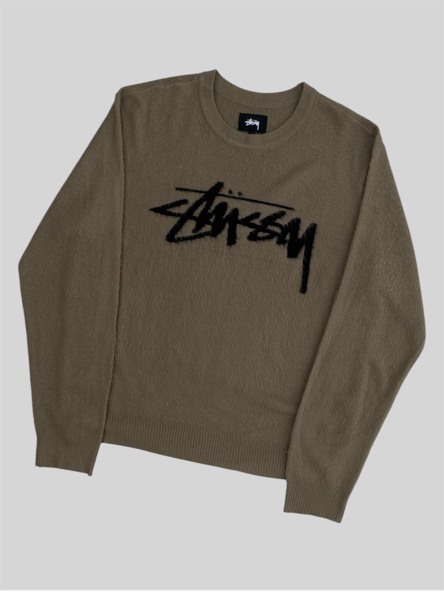 Vintage Stussy Spellout Pullover Knitted Sweatshirt Khaki Large