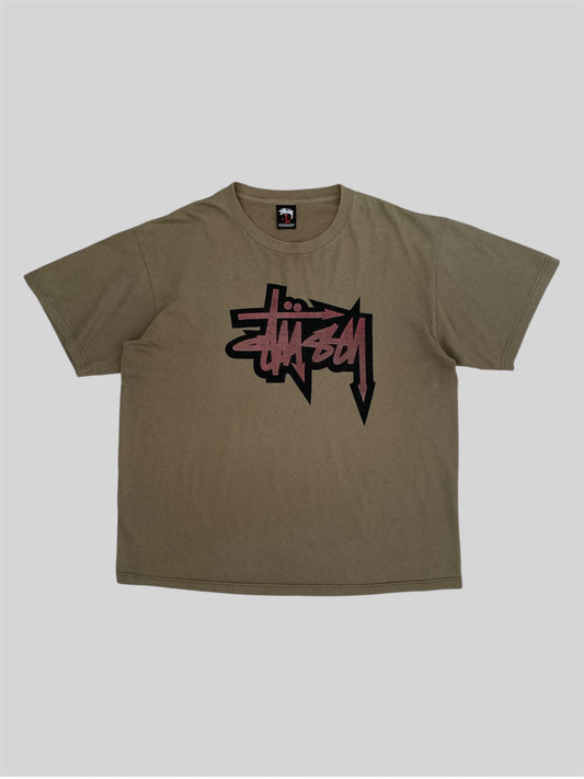 Vintage Stussy Printed Spellout T Shirt Khaki Large