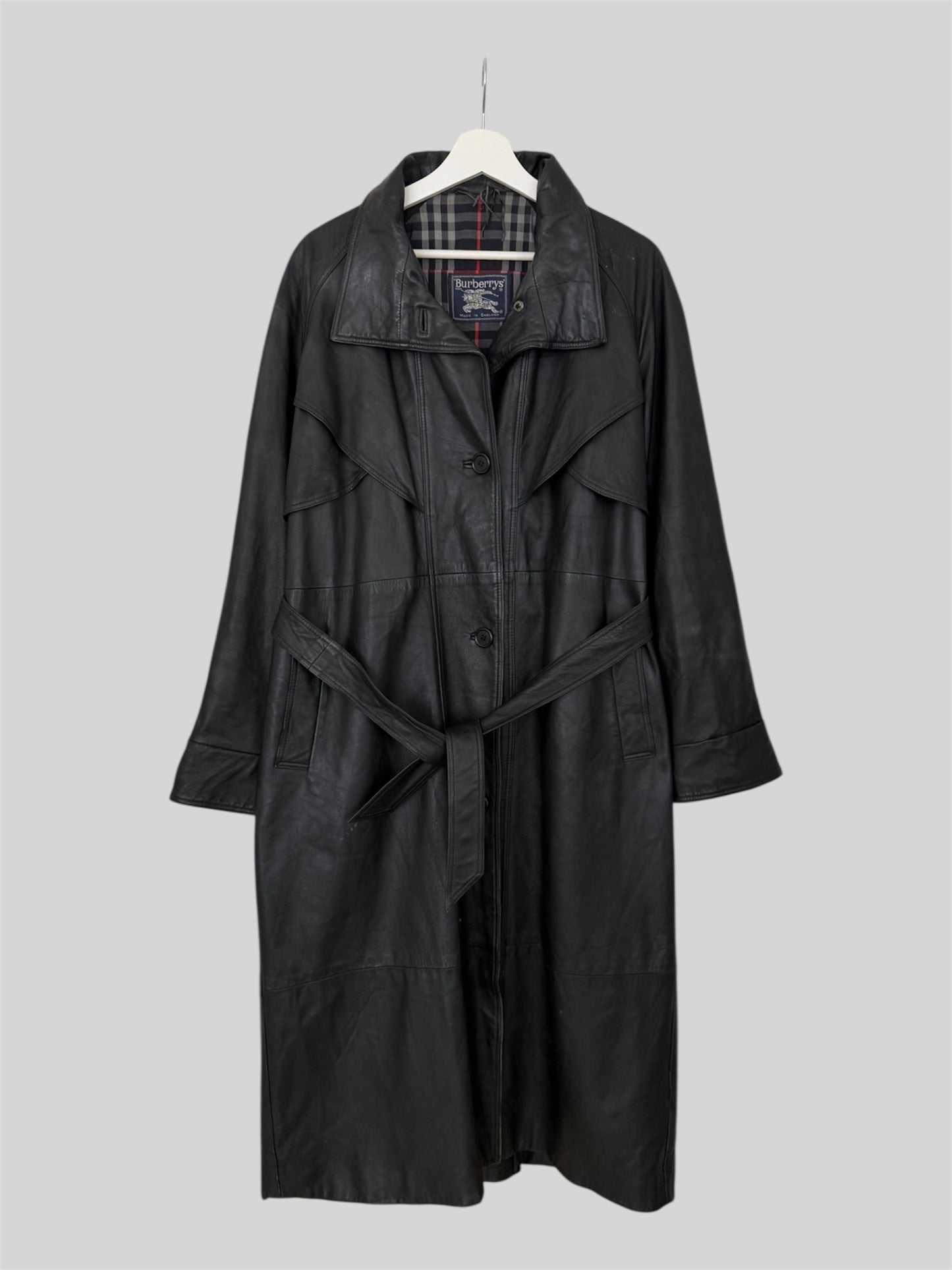 Rare 1990s Burberry Men’s Regular Fit Leather Trench Coat Black Size Medium