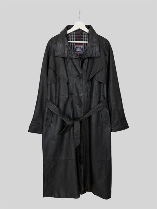 Rare 1990s Burberry Men’s Regular Fit Leather Trench Coat Black Size Medium