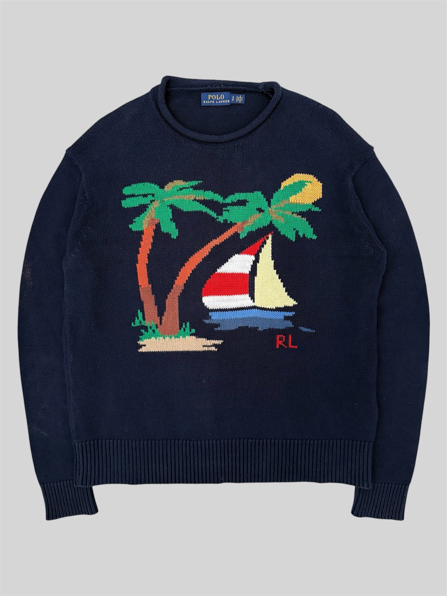 Authentic Polo Ralph Lauren Sailboat Beach Knitted Pullover Jumper Navy Small