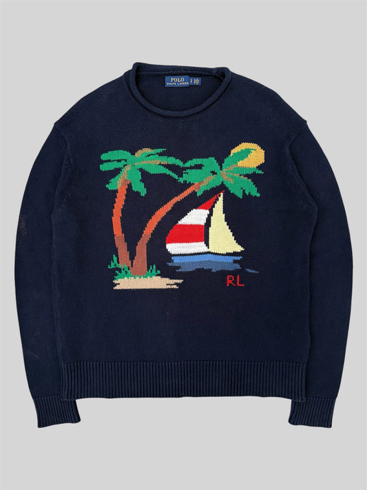 Authentic Polo Ralph Lauren Sailboat Beach Knitted Pullover Jumper Navy Small